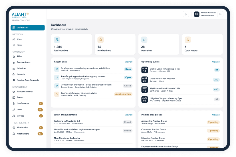 MyAliant+ web app dashboard showing network activity, announcements and practice-area groups