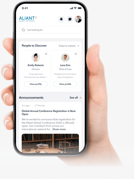 The MyAliant+ app on a phone, showing People to Discover and the latest network announcement